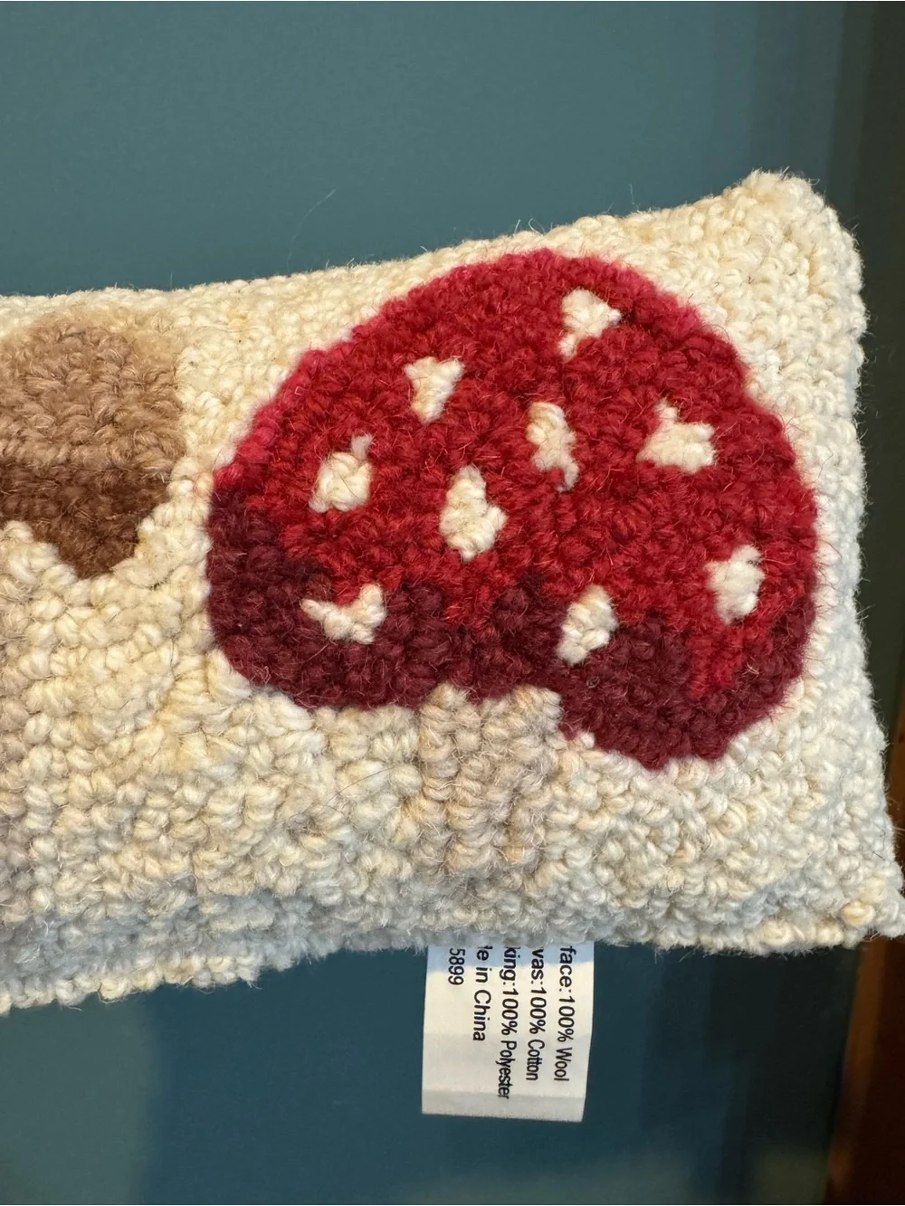 Mushroom Hooked Pillow - Cream with Purple, Brown, Red Accents